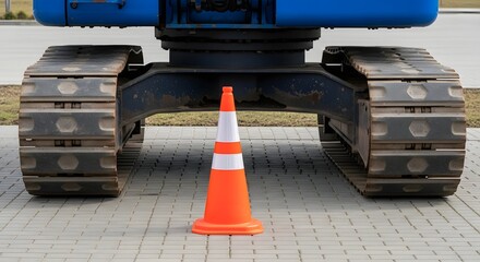 Heavy Construction Tracked Machine with Safety Cone on Pavement bulldozer