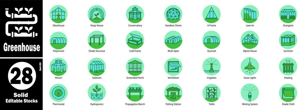 Greenhouse line art icons set, garden structure and plant care vector illustration.