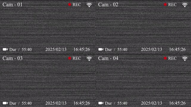 CCTV Security Camera Interface with Multiple Feeds and Recording Indicators.