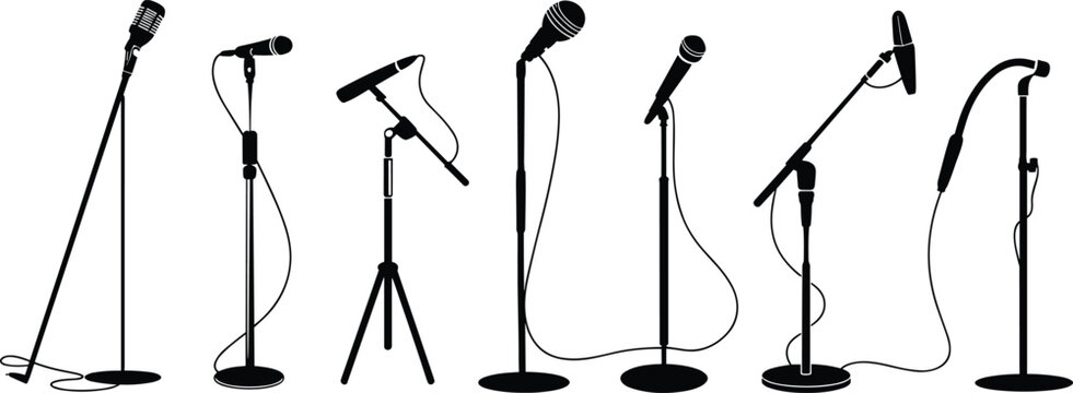 Microphone stand silhouette collection, professional audio recording equipment isolated on white background music studio vector set