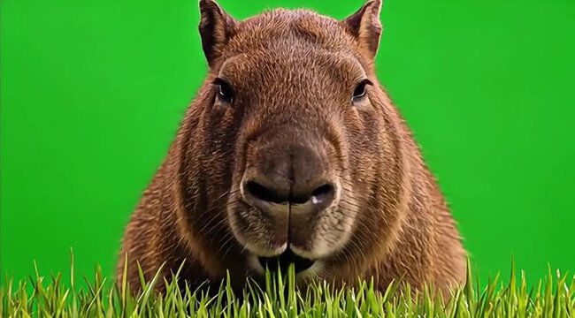 Photorealistic capybara grazing eating grass close-up chewing seamless loop on green screen 4K