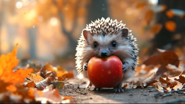 Adorable hedgehog holding a red apple amidst autumn leaves