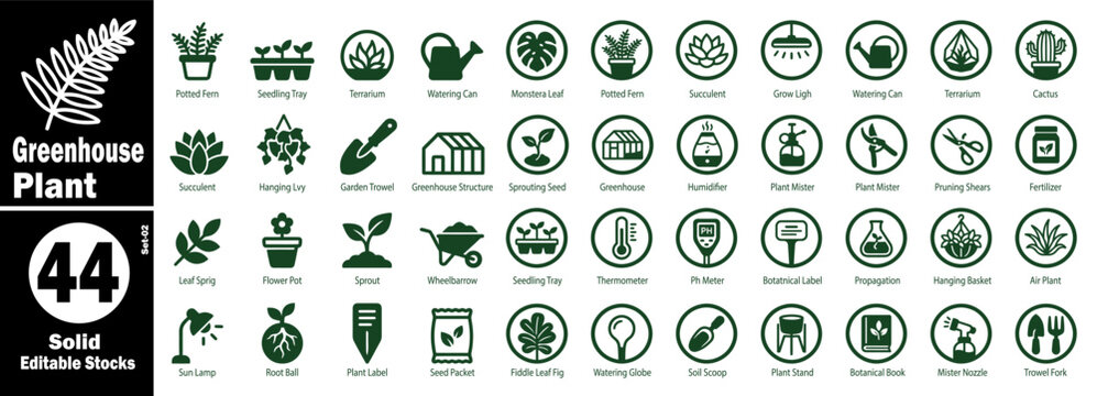 Greenhouse plant solid icons set. Editable stock vector illustration.