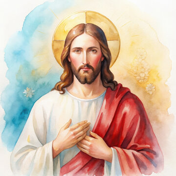 Suave retrato en acuarela de Jesucristo con un halo dorado y una mano sobre el coraz&oacute;n, evocando fe, compasi&oacute;n, devoci&oacute;n y esperanza; ideal para proyectos religiosos, espirituales, eclesi&aacute;sticos