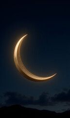 Elegant golden crescent moon floating in a serene night sky - Concept of Eid al-Fitr  