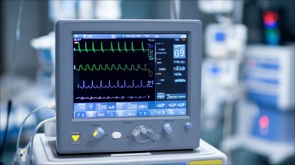 Fototapeta premium Advanced Medical Monitor Displaying Heart Rate, Oxygen Level and ECG Readings in Hospital Environment for Healthcare Professionals and Technology Insights