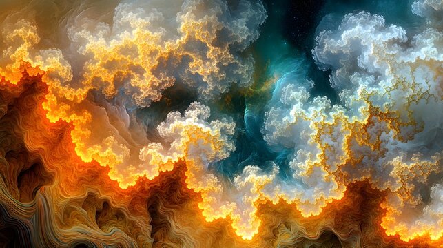 Vibrant fractal forms display glowing orange and cool blue swirling atmospheric formations