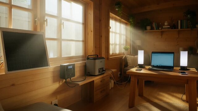 Bright and organized wooden home office interior, blending natural light with a functional tech setup for a productive, serene, and modern remote workspace
