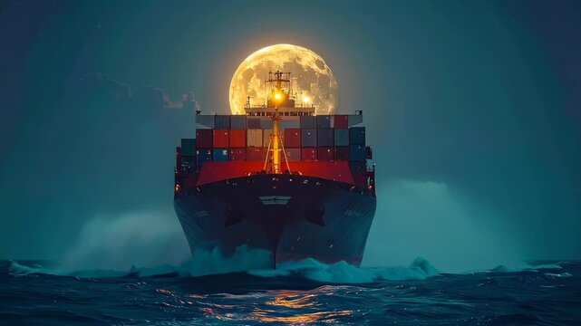 A majestic cargo ship sails through the moonlit ocean waves under a full moon's glow from a distant viewpoint.