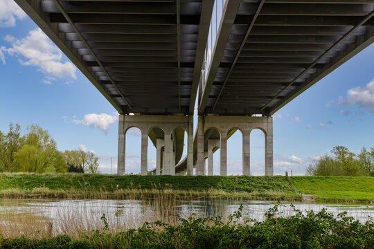 Highway bridge spanning St&ouml;r River near Itzehoe, Schleswig-Holstein, Germany.