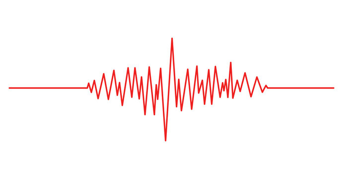 Minimalist Red Digital Waveform Line with Sharp Frequency Peaks for Audio Signal Visualization and Cardiac Heartbeat Pulse Medical Health Design Concepts On Transparent Background PNG