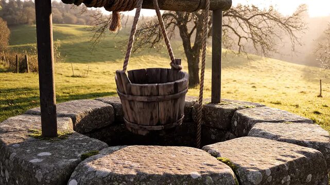 Old Stone Well with Wooden Bucket in Countryside.