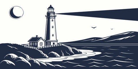 A solitary lighthouse stands tall on a rocky coast under a stormy sky. © Mamun