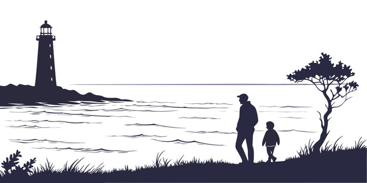Silhouette of a parent and child walking towards a lighthouse on a beach