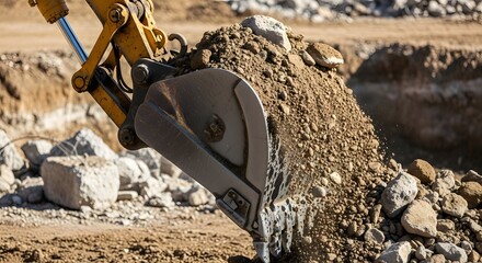 Heavy- Duty Excavator Bucket Loads Loose Earth and Rocks in Construction Site