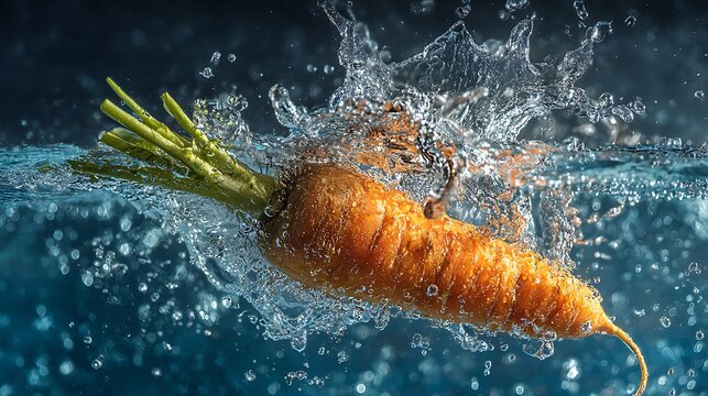 Elegant poto of Fresh carrot splashing into clear water with droplets on a dark background