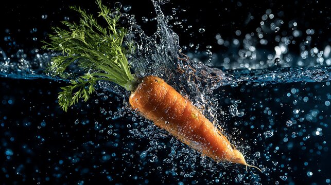 Elegant poto of Vibrant carrot dropping into water creating splashes on a dark background
