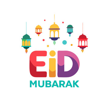 Eid mubark graphic design with lanterns and colorful abstract shapes
