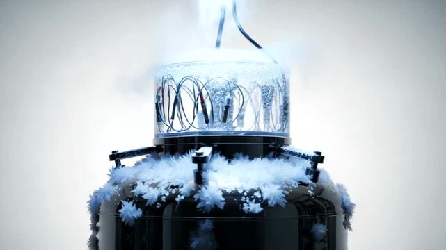 Close up of a cryogenic storage dewar with frost and ice.