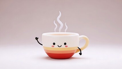Cute Smiling Anthropomorphic Coffee Cup with Steam and Waving Arm in Minimal Pastel Scene Symbolizing Warm Morning Energy, Comfort Drink and Happy Breakfast Mood