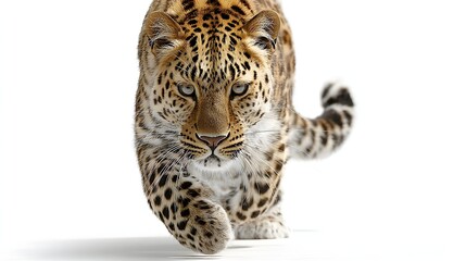 Fototapeta premium Majestic Leopard Stalking Forward with Intense Gaze on a Pristine White Background.