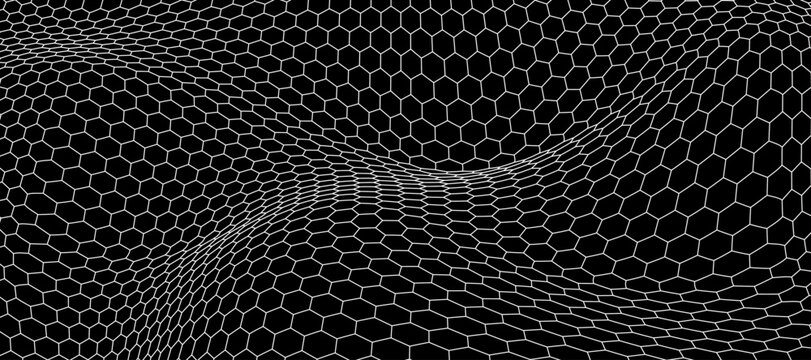 Geometric wavy hexagon mesh pattern featuring abstract honeycomb grid lines, clean bee‑comb vector texture and flat modern illustration for packaging, wallpapers, branding and graphic layouts