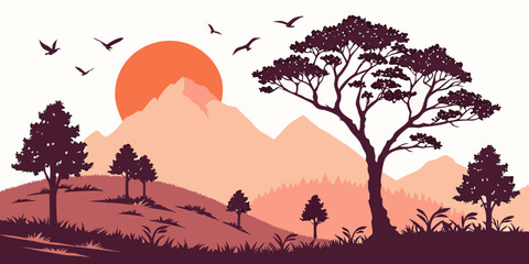 A serene sunset landscape with birds flying over a tranquil forest and rolling hills