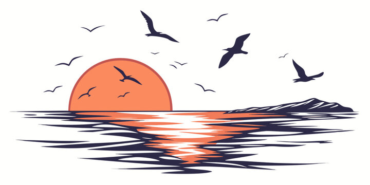 Birds flying over a serene sunset by the sea