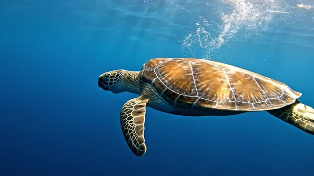 Sea turtle ocean underwater wildlife marine blue nature tropical swimming animal glides through clear tropical water aquatic grace with sunlight ray above conveying calm freedom serene adventure