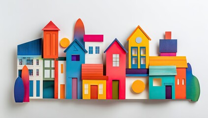 Fototapeta premium Colorful paper cut-out village, various architectural styles, white backdrop