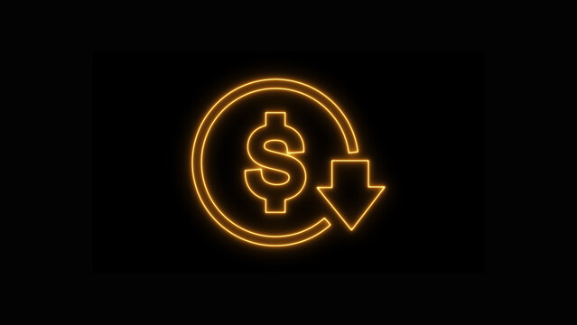 Glowing orange neon dollar sign icon with a down arrow indicating financial decrease, expense reduction, or price drop isolated on black background