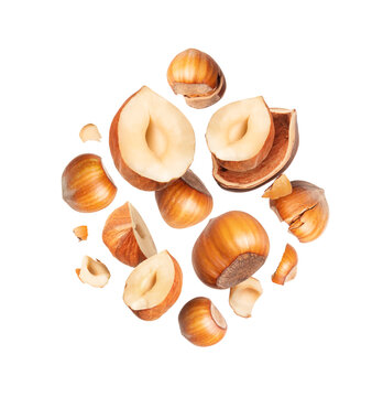 Broken hazelnuts with shell fragments in the air isolated on a white background