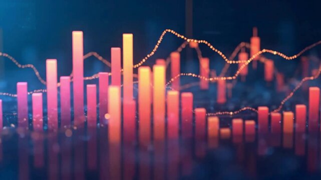 Financial data analytics animation video with stock market chart and growth graph, digital trading investment technology concept, business economy statistics background