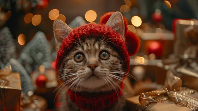Playful Kitten Wearing Red Knit Hat Surrounded by Christmas Gifts and Holiday Decorations, Festive Portrait