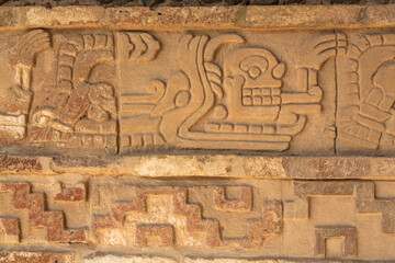 Close-up stone carved images on the Pyramid B famous for atlases of Tula, an archeological site in Mexico. The site of Tula de Allende was the capital of the Toltecs