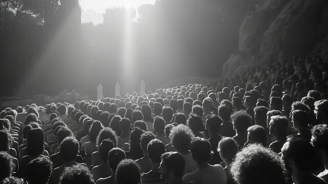 Dramatic Stage Performance: Two Figures Spotlighted on Ancient Theatre Stage with Silhouetted Audience in Background