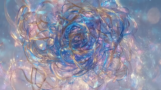 Swirling iridescent threads of blue, gold, and purple intertwine within shimmering bubbles