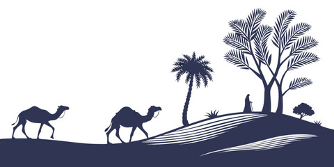 Camels walking in a desert landscape with palm trees and a person sitting nearby © Mamun