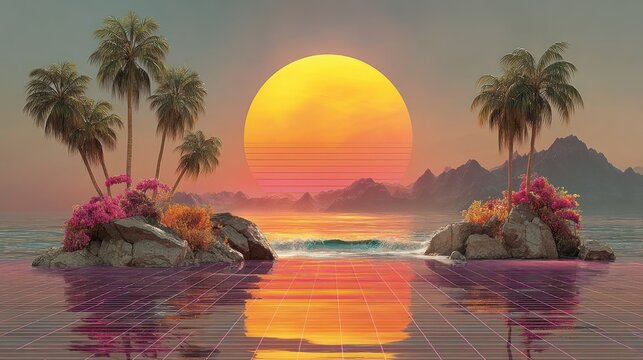 Dreamy tropical sunset over calm ocean, palm trees on rocky islands, vaporwave style