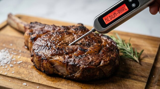 A cooked steak on a wooden cutting board with temperature check. A person is holding a thermometer