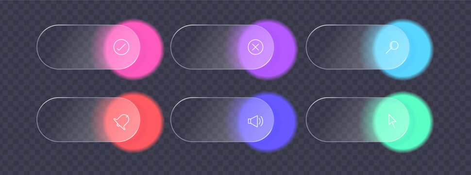 Glassmorphism toggle switch set with neon gradients. Transparent slider buttons with check, cross and search icons. Modern colorful on and off state ui kit controls for app interface design.