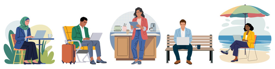 Set of diverse remote workers in diverse settings, from caf&eacute; and home kitchen to park bench and beach, in a bright, modern, cohesive style. Flat vector illustration isolated on transparent background