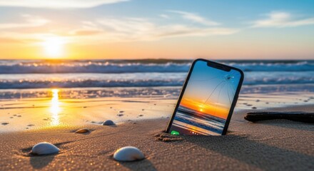 Fototapeta premium Broken smartphone screen displaying sunset on beach sand