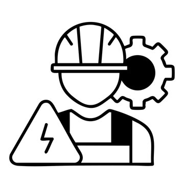 Minimalist flat design illustration of an engineer wearing a hard hat with a gear and lightning bolt symbolizing safety and innovation in industrial work.