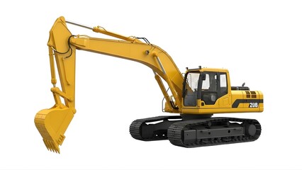 A yellow excavator with a black undercarriage and transparent background for industrial use