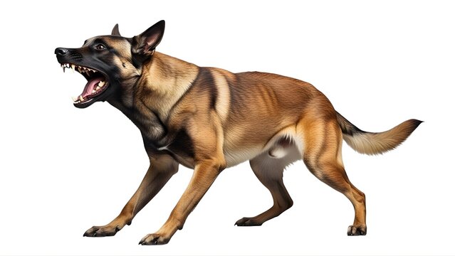 A fierce Belgian Malinois dog standing aggressively on transparent background