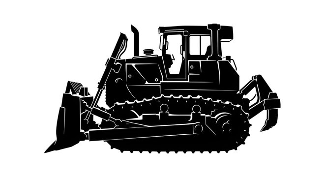 Detailed black silhouette of a powerful crawler bulldozer with tracks and a front blade, ideal for demolition, earthmoving, and heavy construction themes.