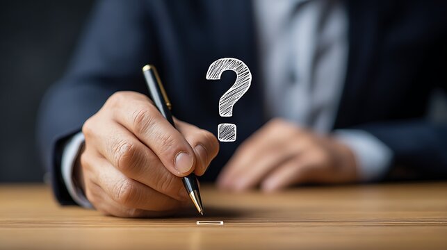 Elegant poto of Businessman's hand holding a pen with a question mark icon above a document, symbolizing query or problem solving