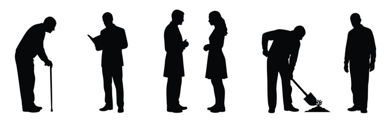 A group of people in various poses and activities in silhouette