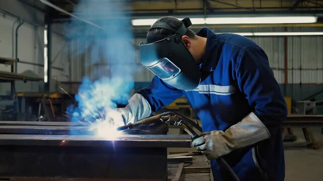 Skilled welder in workshop, using arc welding torch to join metal plate, industrial fabrication, construction, manufacturing.